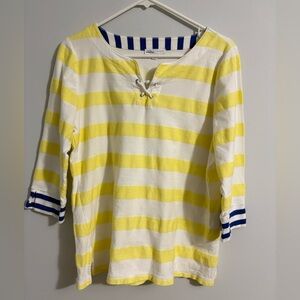 Talbots Womens Medium Yellow White Blue Nautical Striped 3/4 Sleeve Top Cozy